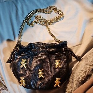 Vintage Saks Fifth Avenue Black Crossbody with Gold Teddy Charms
